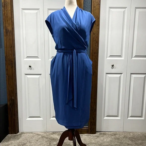MM Lafleur Blue Wrap Tie Front Sheath Dress - Picture 2 of 8